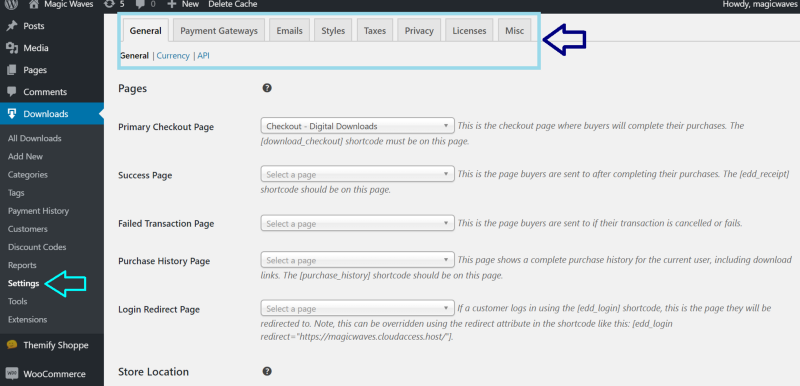 Easy Digital Downloads WordPress plugin settings page