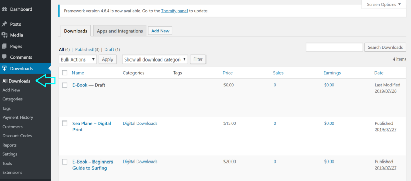 Easy Digital Downloads WordPress plugin all products page