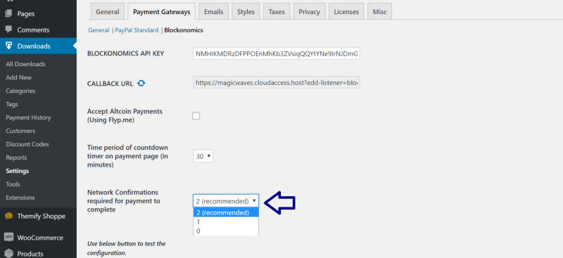 0/1 confirmation option for Blockonomics EDD plugin