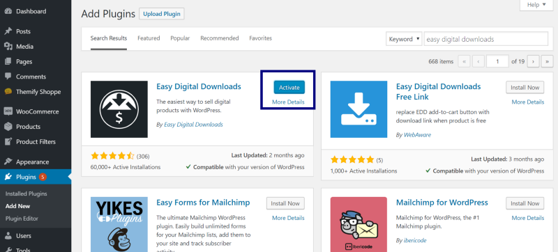 Easy Digital Downloads WordPress plugin activate